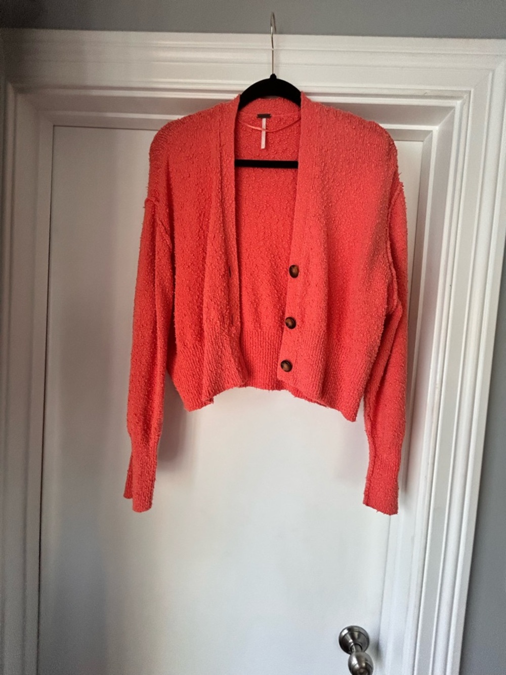 Free People Coral Button-Up Cropped Cardigan